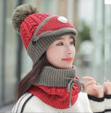 Girls Winter Knitted Beanie Cap Warm Face Cover Neck Scarf Outdoor Set