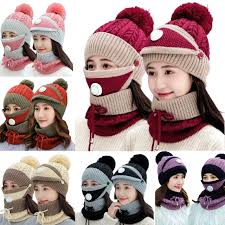 Girls Winter Knitted Beanie Cap Warm Face Cover Neck Scarf Outdoor Set