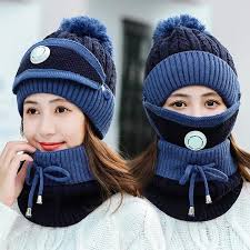 Girls Winter Knitted Beanie Cap Warm Face Cover Neck Scarf Outdoor Set